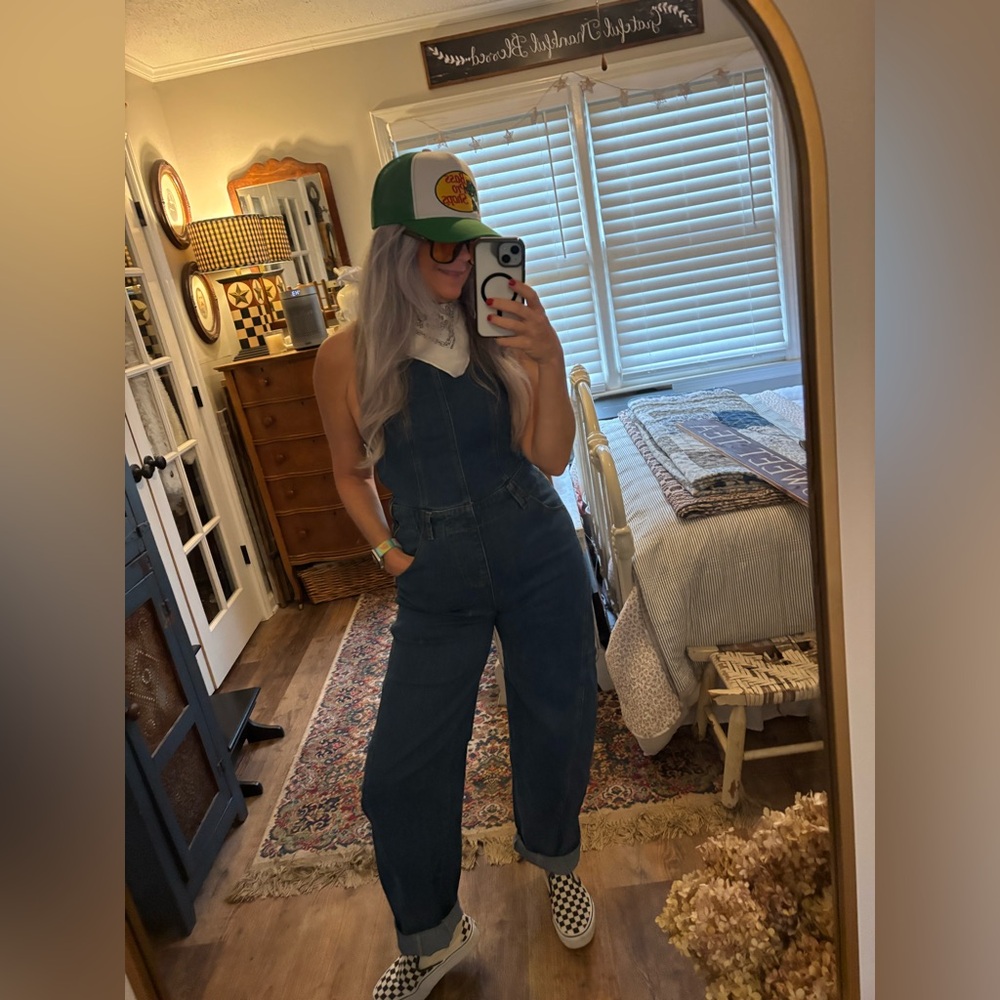 Denim Barrel Leg Jumpsuit Dark Wash Small Halter